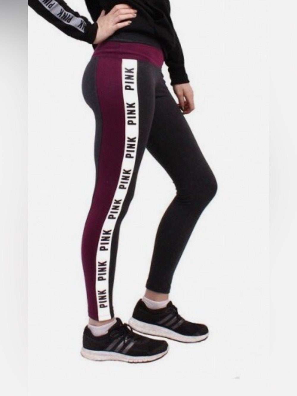 PINK Victoria's Secret Black Leggings with burgundy Logo Side Tape Woman’s Md